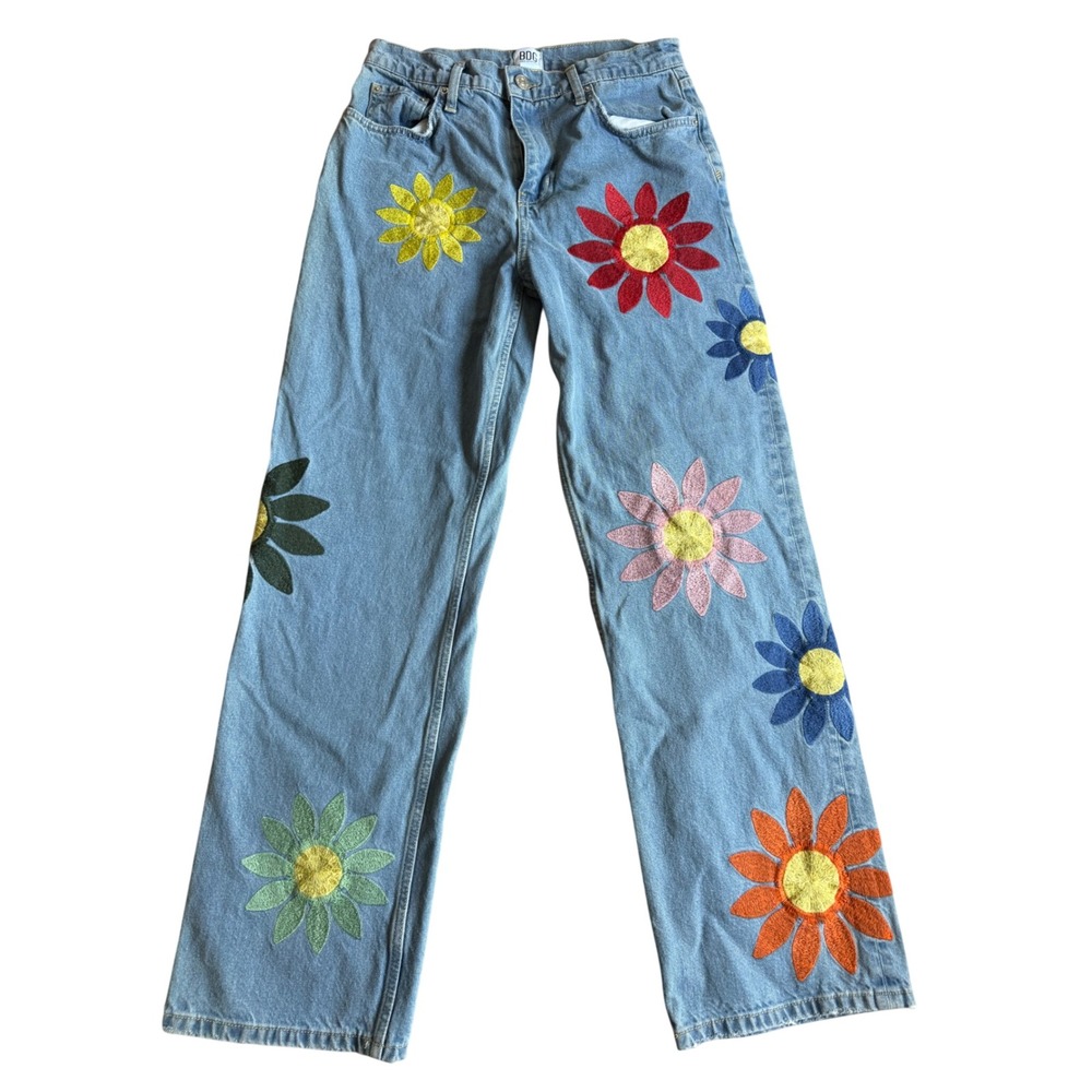 BDG Jeans Embroidered Daisy Floral Straight Leg Blue Denim Size 30